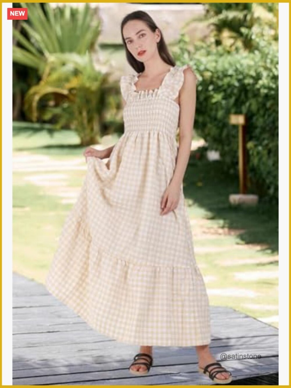 Retro Plaid Smocked Dress with Pockets, Spaghetti Strap Flounce Midi Dress - Picture 3 of 7